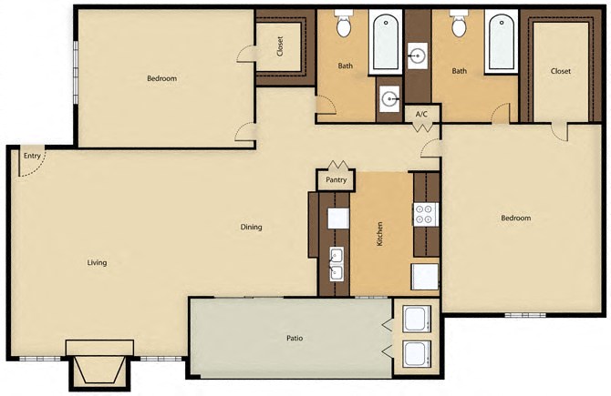 Floor plan for 2 beds, 2 baths, 970 sqft